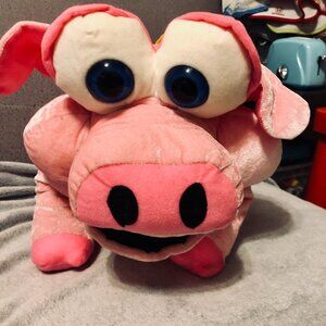 RARE Jumbo 16-in Pig Plush Big Googly Blue Eyes Pink Velvet Kitsch Novelty Toy